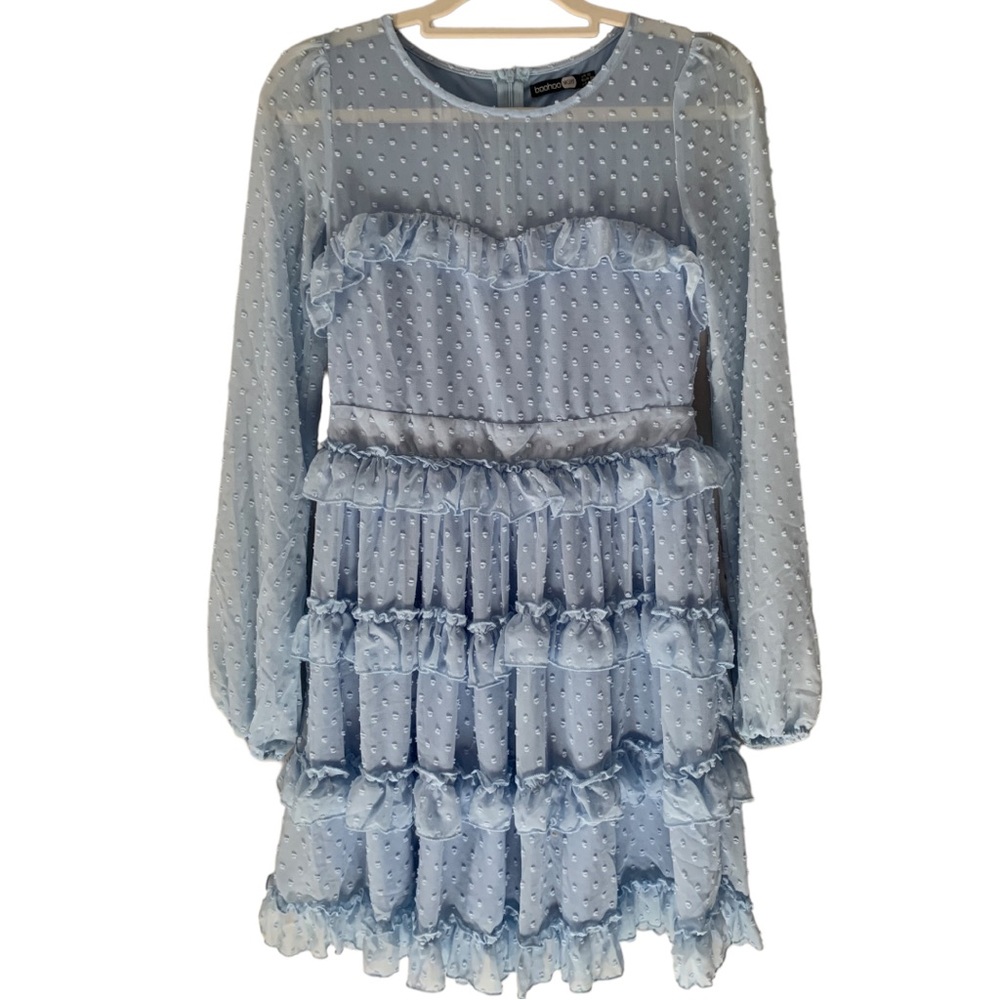 Tiered Ruffle Sheer Mini Dress Powder Blue - Boohoo Brand Size 10 - Whimsy Dots